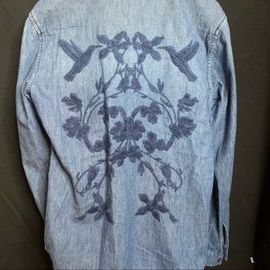 ZARA MAN DENIM COUTURE EMBROIDERED SHIRT BLUE SLIM FIT, MEDIUM BUT FITS AS SMALL